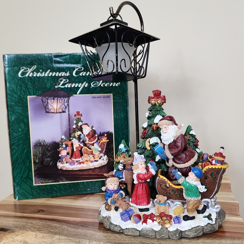Santa Sleigh Giving Gifts Children Scene Figurine Candle Lamp Christmas Decor